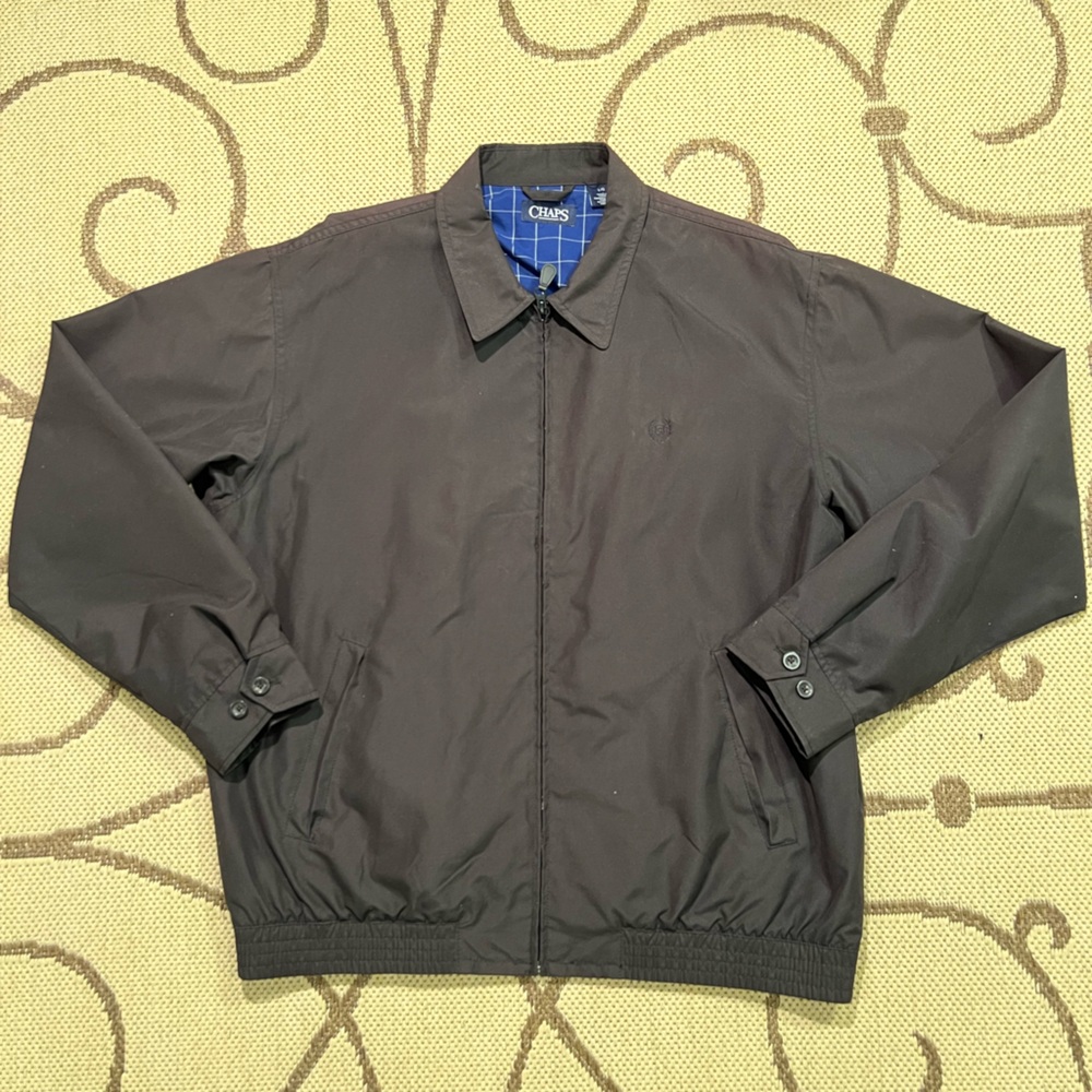 Chaps Mens XL Harrington Jacket Black Bomber Blue Check Lining